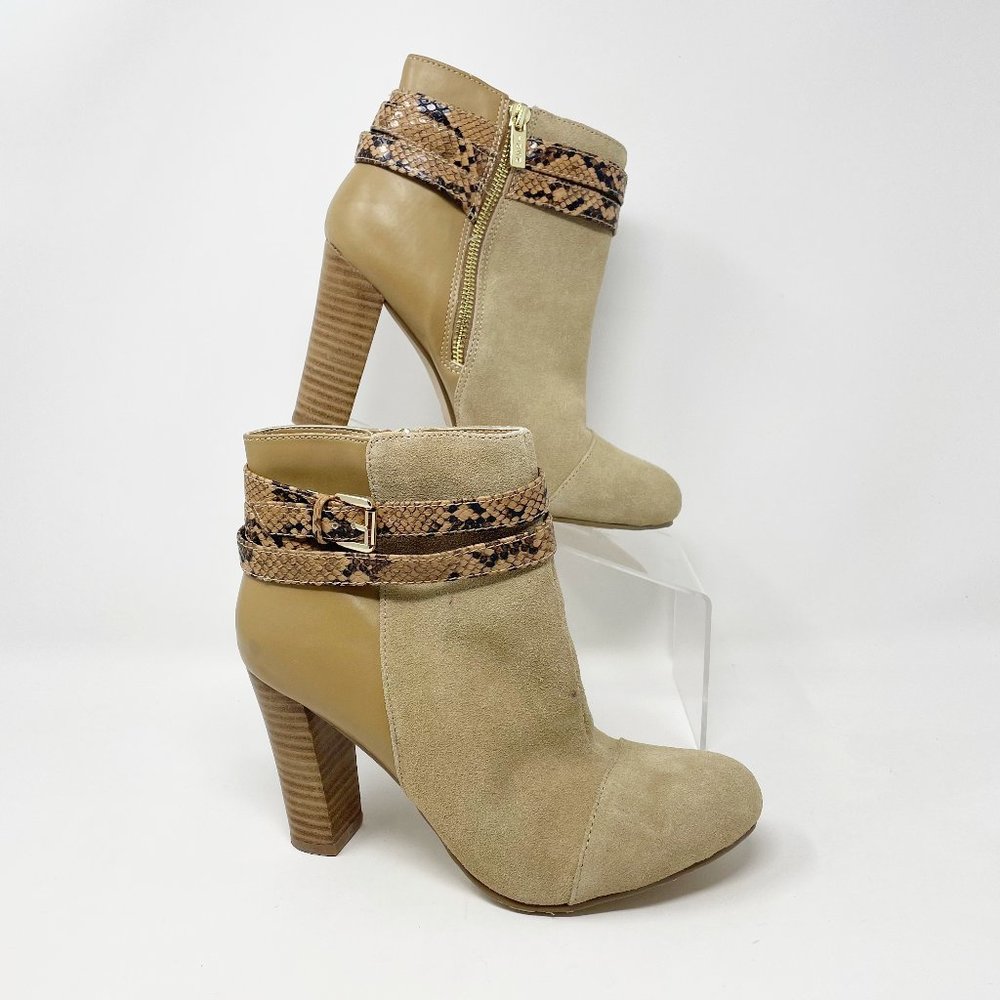 Iman Womens Tan Suede & Leather Side Zip Heel Booties Size 8